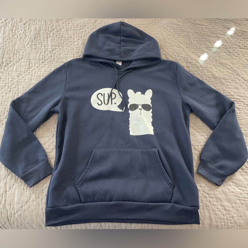 Navy Blue Llama Graphic Hoodie Sup Funny Super Soft Cozy Loungewear Teen Pockets